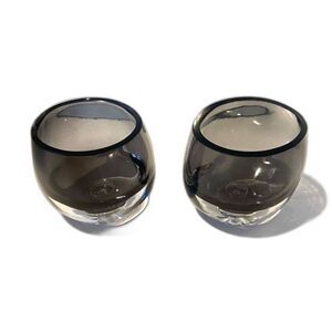 2 Black Glass Votive Candle Holders Oval Controlled Bubble Base 3.5"